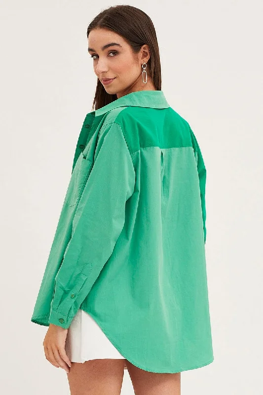 Green Relaxed Shirts Long Sleeve Colour Block