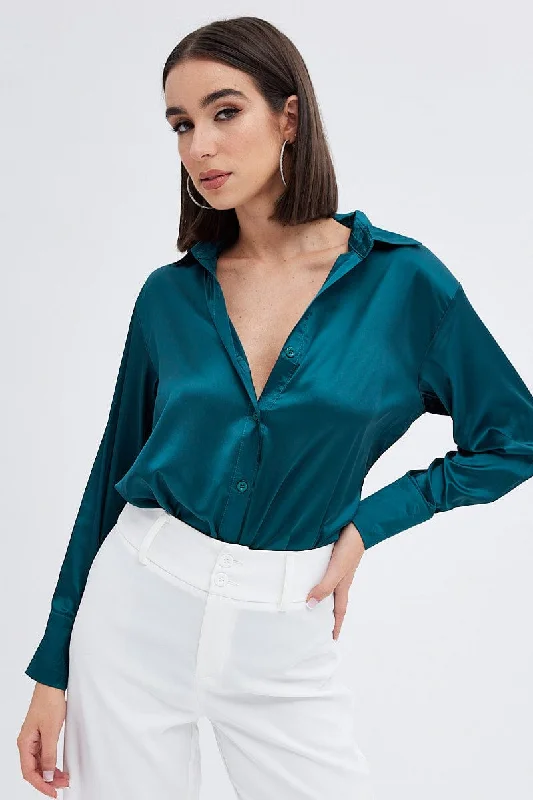 Green Satin Shirt Long Sleeve Collared Neck