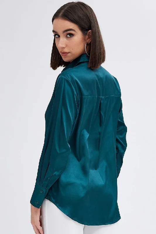 Green Satin Shirt Long Sleeve Collared Neck