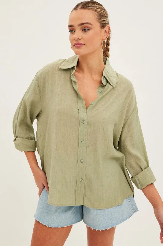 Green Textured Shirt Long Sleeve Collared