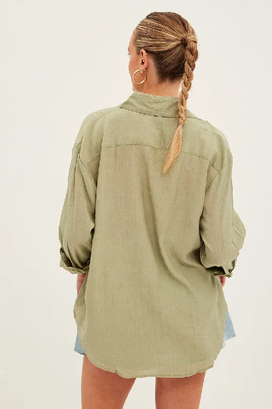 Green Textured Shirt Long Sleeve Collared