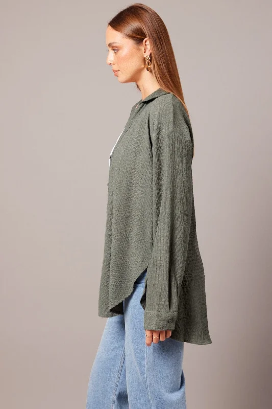 Green Textured Shirt Long Sleeve