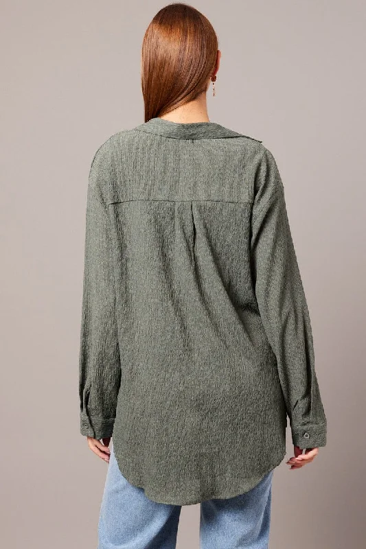 Green Textured Shirt Long Sleeve