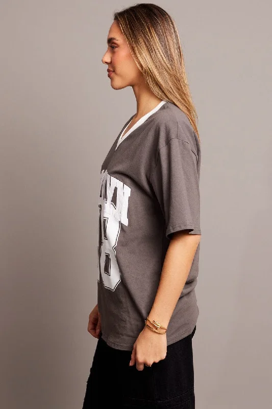 Grey Graphic Tee V Neck Short Sleeve