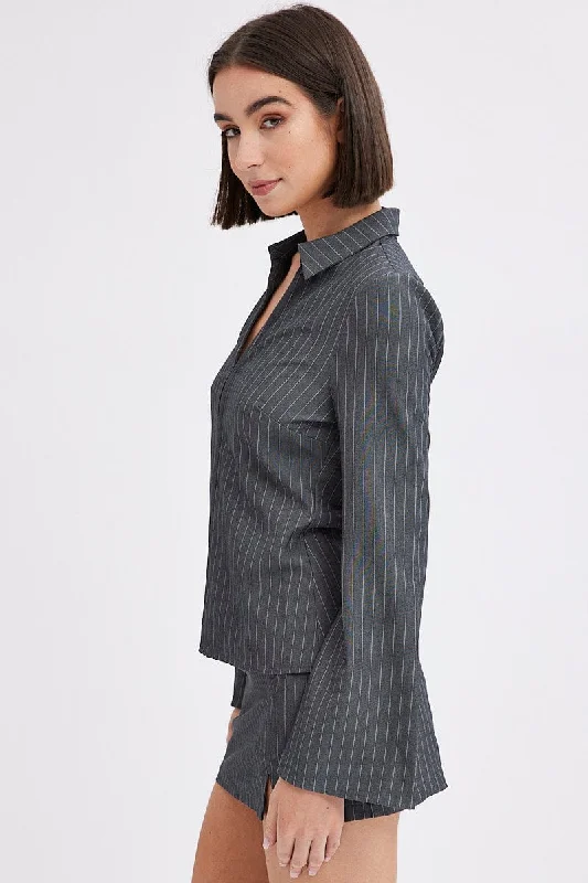 Grey Stripe Shirt Long Sleeve Collared Hook & Eye