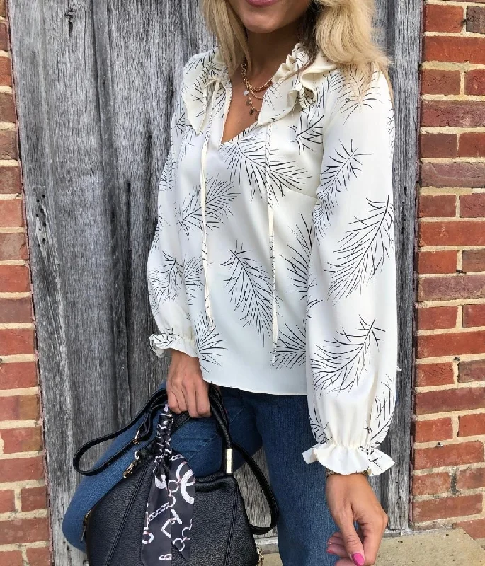 Leaf Print Ruffle Blouse