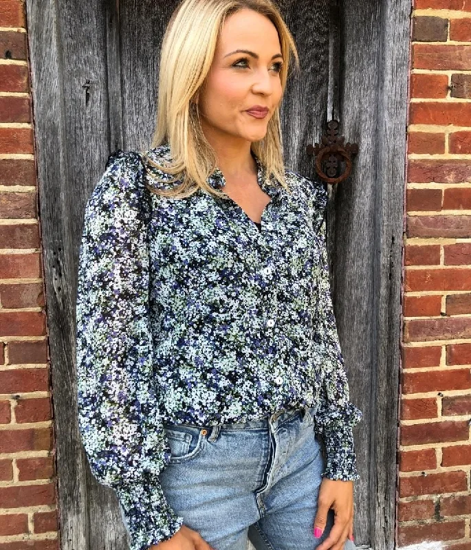 Navy Ditsy Floral Blouse & Cami