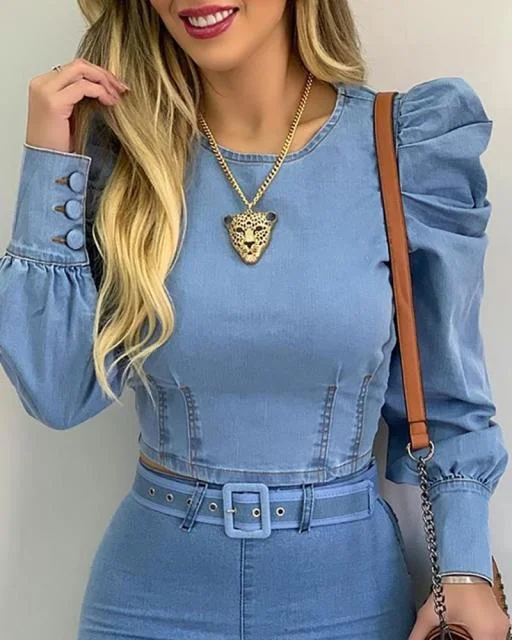 Fashion Bubble Sleeve Long-Sleeved Casual  Blouses