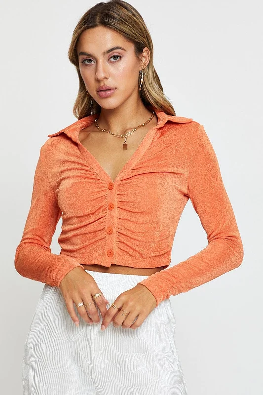 Orange Jersey Shirt Long Sleeve Ruche