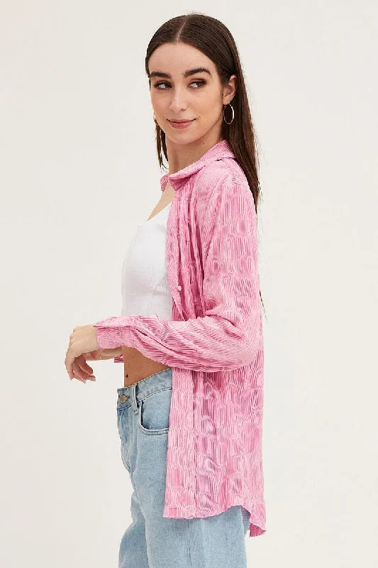 Pink Long Sleeve Plisse Shirt