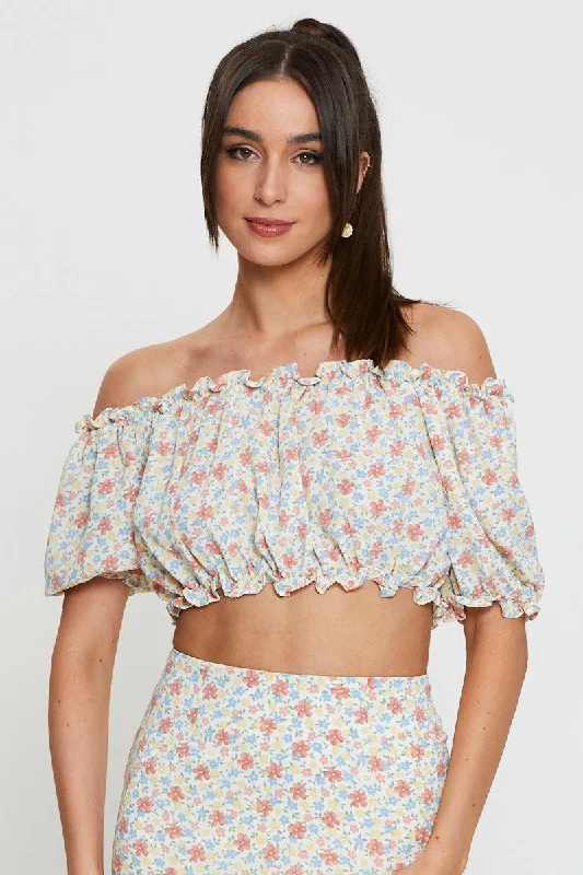 Print Crop Blouse Off Shoulder