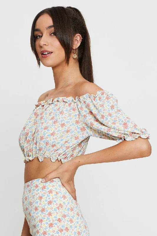 Print Crop Blouse Off Shoulder