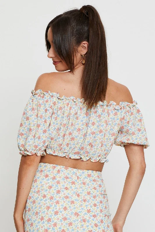 Print Crop Blouse Off Shoulder