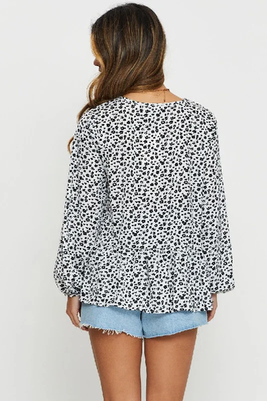 Print Peplum Shirts Long Sleeve