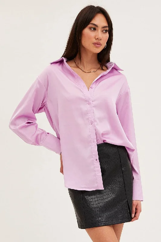 Purple Shirt Top Long Sleeve Satin