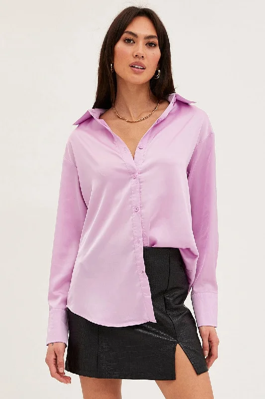 Purple Shirt Top Long Sleeve Satin