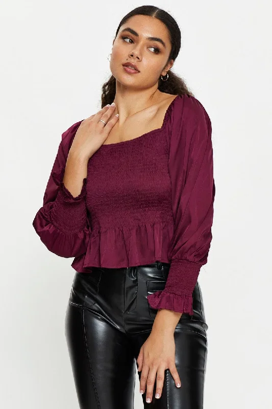 Red Peplum Blouse Long Sleeve Off Shoulder