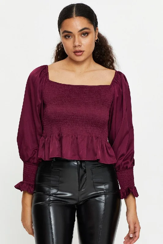 Red Peplum Blouse Long Sleeve Off Shoulder