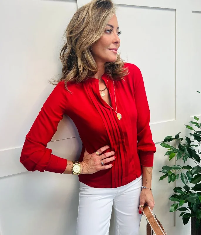 Red Pleated Jersey Blouse