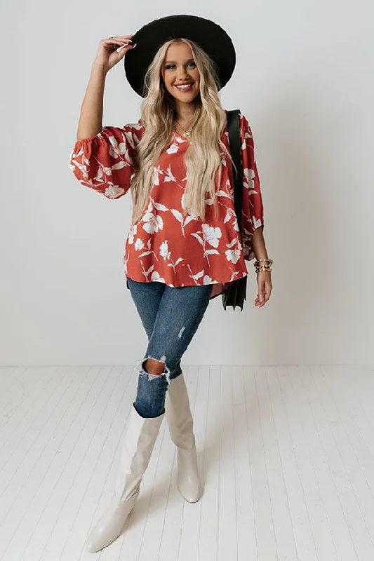 Fashion Floral Shift Top Red Casual Blouse