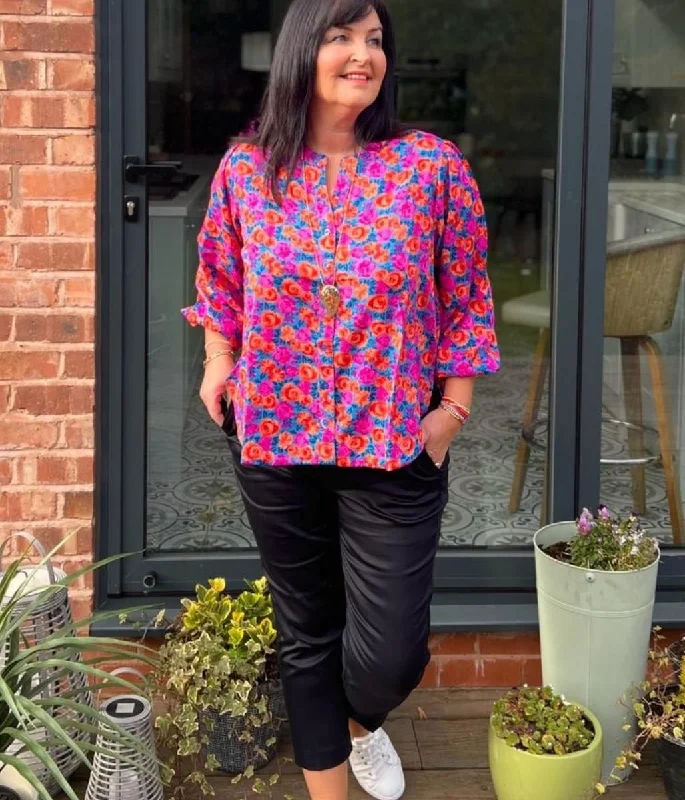 Vibrant Rose Print Notch Neck Blouse