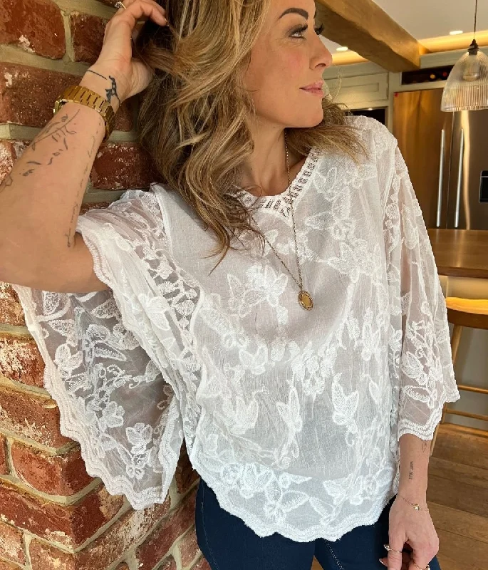 White Butterfly Crochet Lace Blouse