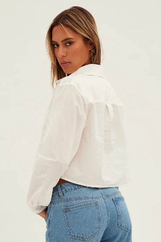 White Crop Shirt Long Sleeve Collared Oversized Fit