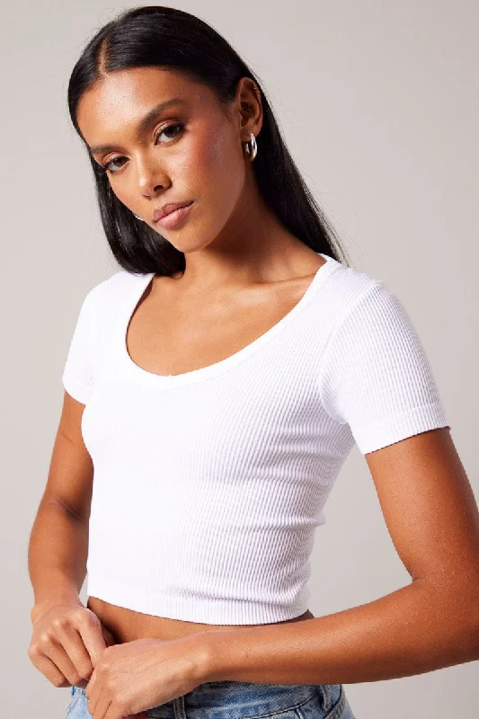 White Crop T Shirt Short Sleeve V Neck Seamless