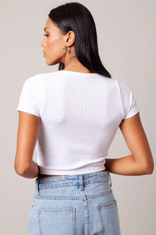 White Crop T Shirt Short Sleeve V Neck Seamless