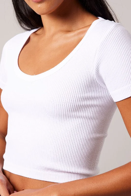 White Crop T Shirt Short Sleeve V Neck Seamless