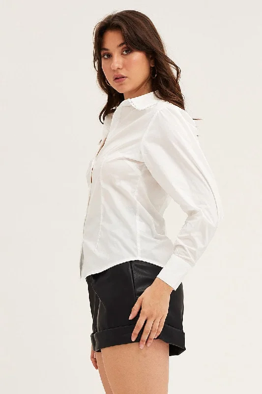 White Lace Trim Collar Long Sleeve Button Up Shirt