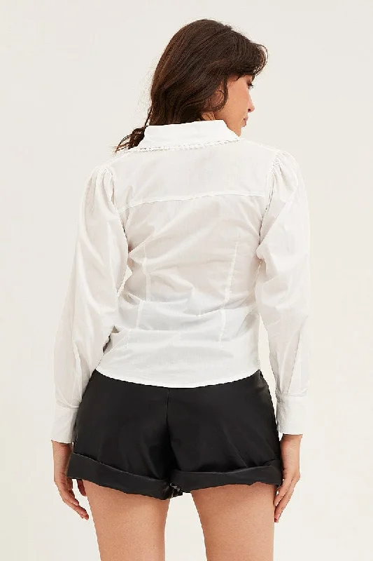 White Lace Trim Collar Long Sleeve Button Up Shirt