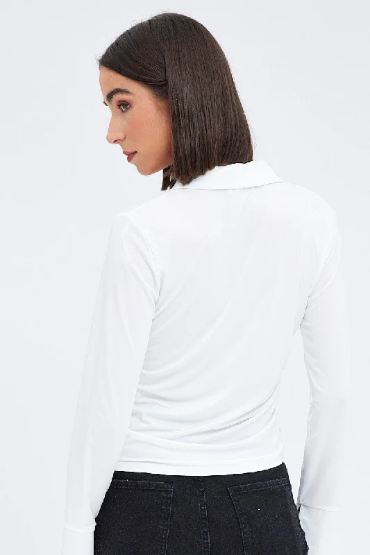 White Long Sleeve Shirt Collared Side Ruched