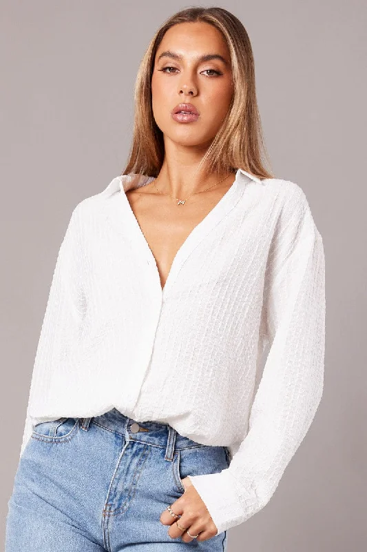 White Relaxed Shirt Long Sleeve Textured