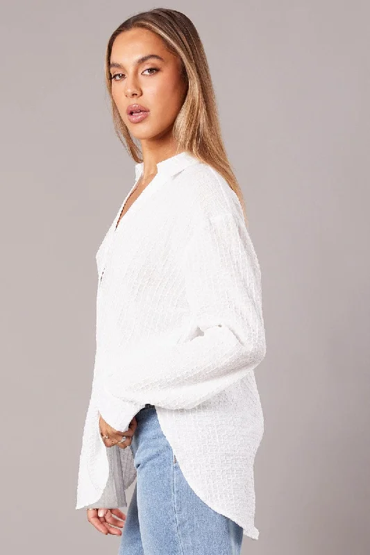 White Relaxed Shirt Long Sleeve Textured