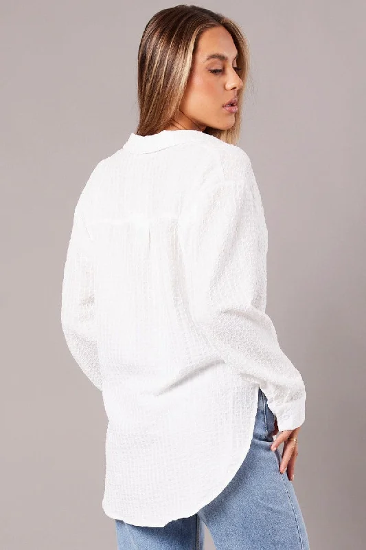 White Relaxed Shirt Long Sleeve Textured