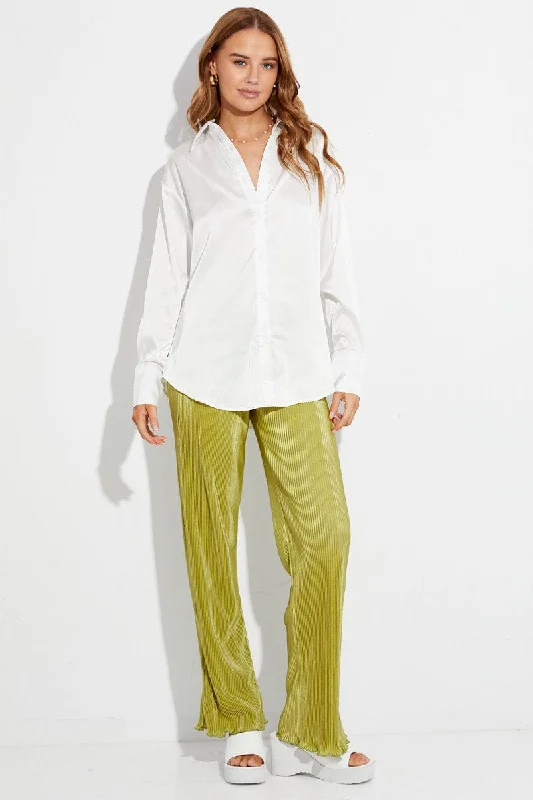 White Satin Long Sleeve Button Up Collared Shirt