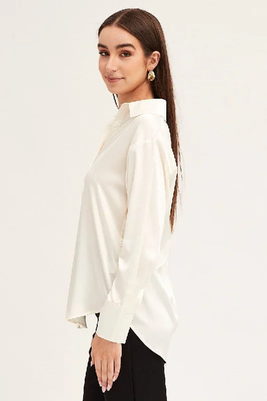 White Satin Shirt Long Sleeve Collared Longline