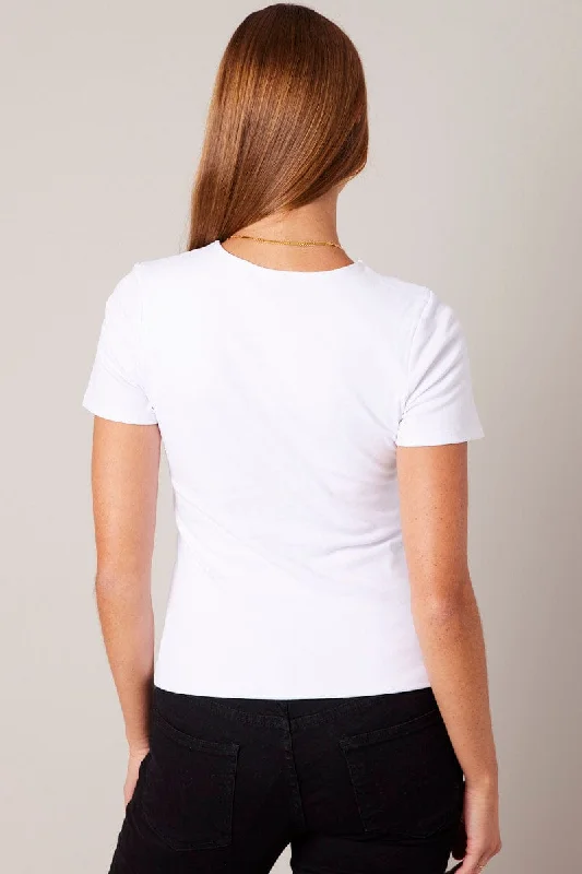 White T Shirt Short Sleeve Round Neck Longline Lined