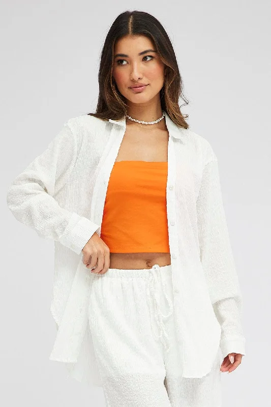 White Textured Shirt Long Sleeve Collared Neck