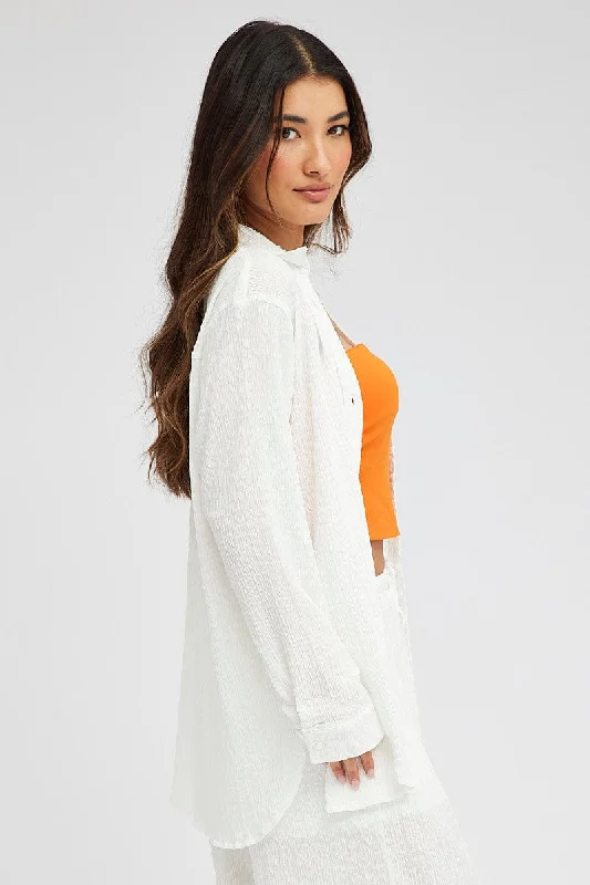 White Textured Shirt Long Sleeve Collared Neck