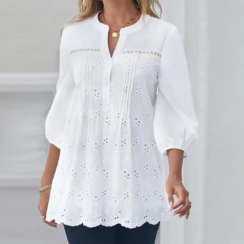 White V-Neck Hollow Out Blouse