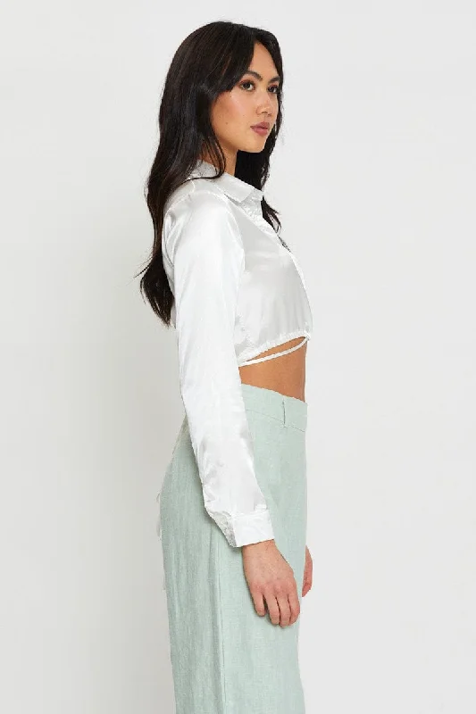 White Wrap Blouse Long Sleeve Collared Satin