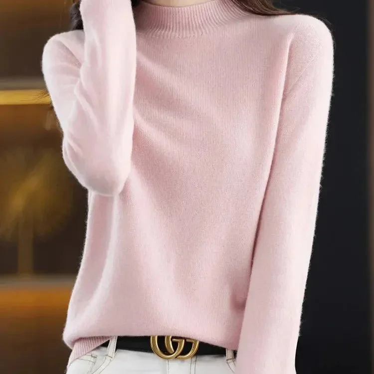 100% Merino Wool Cashmere Sweater Women Knitted Sweater Turtleneck Long Sleeve P