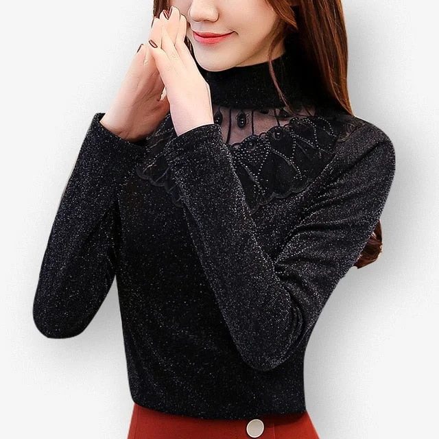 2019 New Autumn Winter Women Bottom Lace Mesh Diamonds Blouse Shirt Female Slender Warm Long Sleeves Tops Blouse Plus Size 5XL