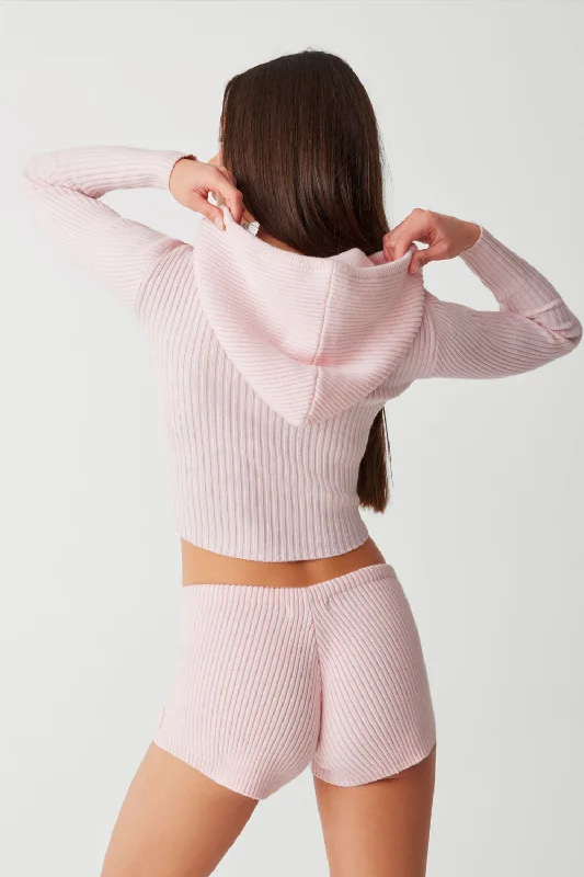 Aimee Ribbed Cloud Knit Hoodie - Rose Quartz