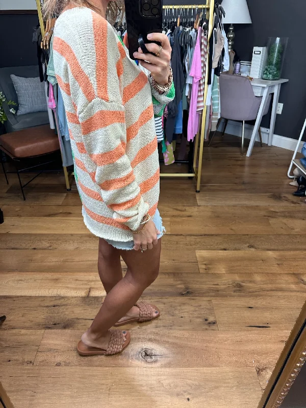 All For Fun Contrasting Striped Sweater - Kelly/Sherbert Combo