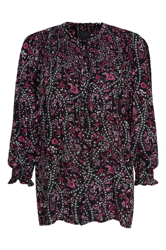 Button front printed Rayon Blouse | PINK BLACK VINE | 6321ZR