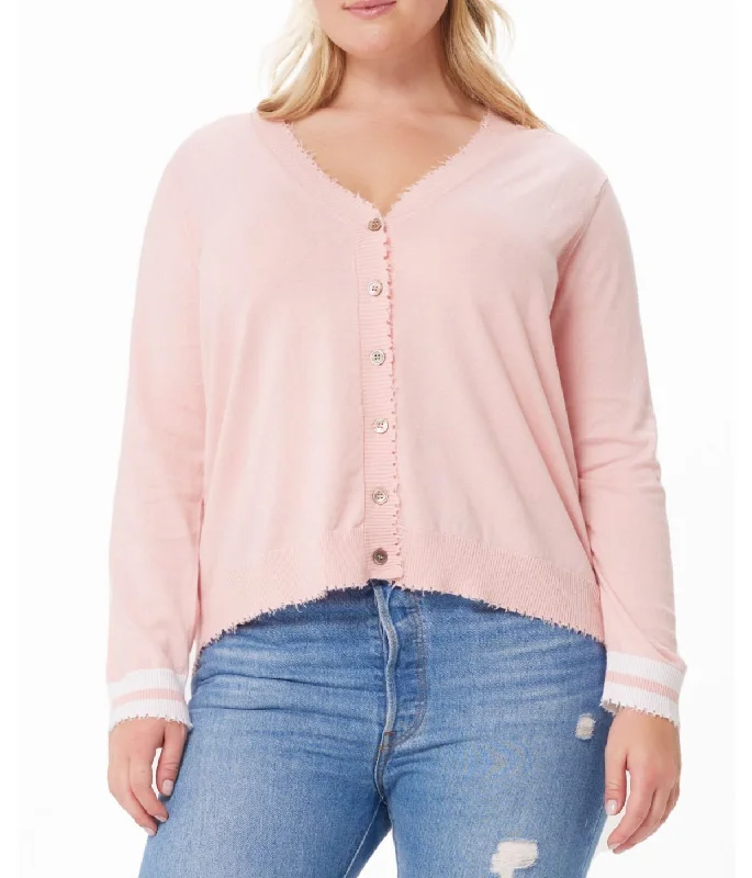 Cotton Cashmere Frayed Edge Cardi W Stripe Cuff Pink Pearl