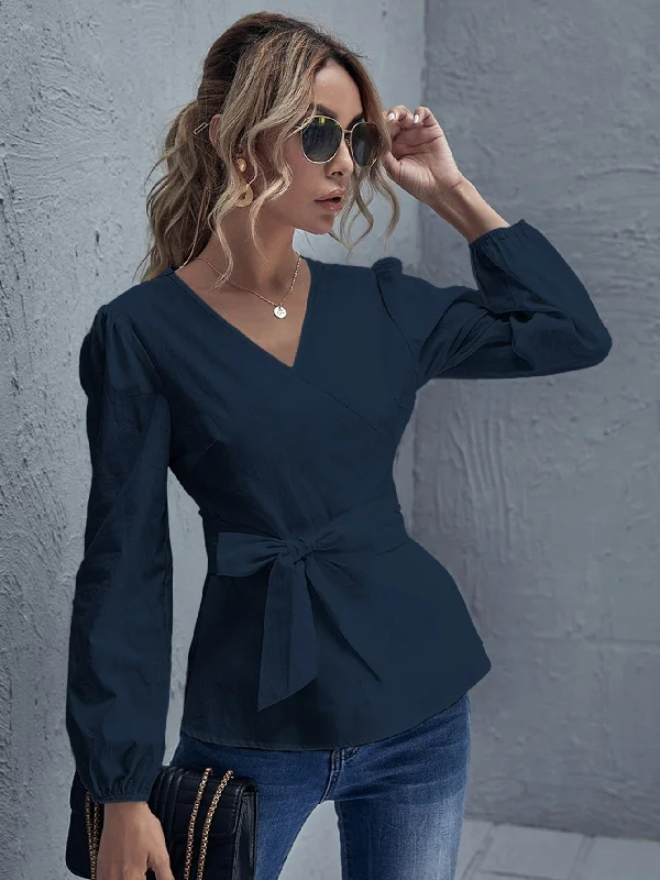 MegaBetty - Solid V Neck Belted Blouse